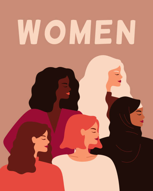 Five Young strong women stand together. Concept of women empowerment, self-acceptance, and gender equality. Vector flat illustration