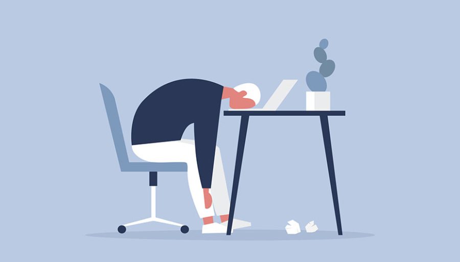 Professional burnout. Young exhausted manager sitting at the office. Long working day. Millennials at work. Flat editable vector illustration, clip art