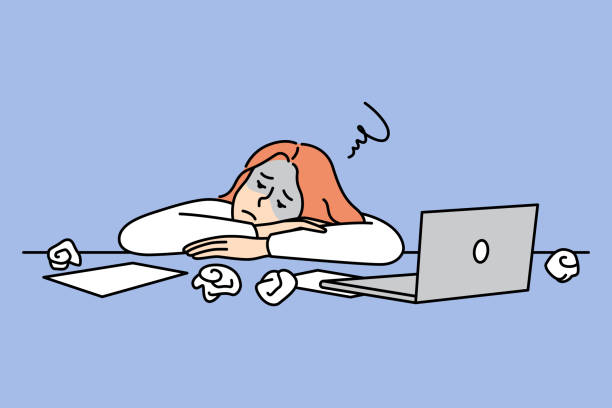 Exhausted woman employee lying on desk feeling overwhelmed with work. Unhappy tired businesswoman sleep on workplace suffer from overwork. Vector illustration.