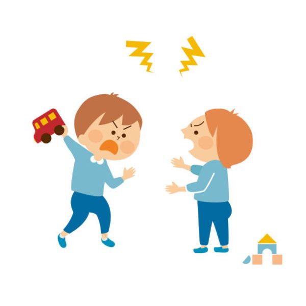 Children's fight, playing with toys, cute illustrations