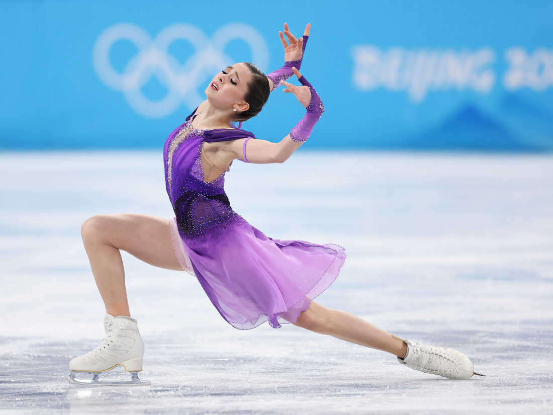 BEIJING, CHINA - FEBRUARY 15: Kamila Valieva of Team ROC skates during the Women Single Skating Short Program on day eleven of the Beijing 2022 Winter Olympic Games at Capital Indoor Stadium on February 15, 2022 in Beijing, China. (Photo by Matthew Stockman/Getty Images)